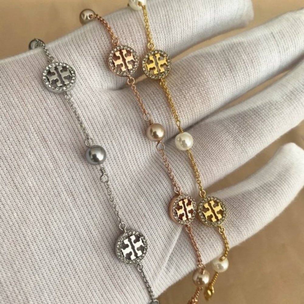 Tory Burch Gold-plated Logo Pearl Bracelet